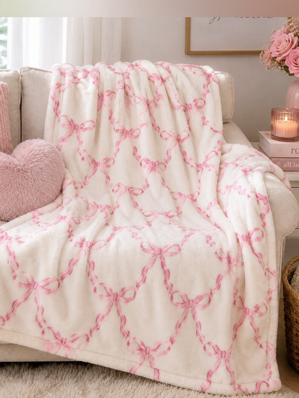 Kirkland’s Home Pink Bow Plush Throw Blanket Coquette